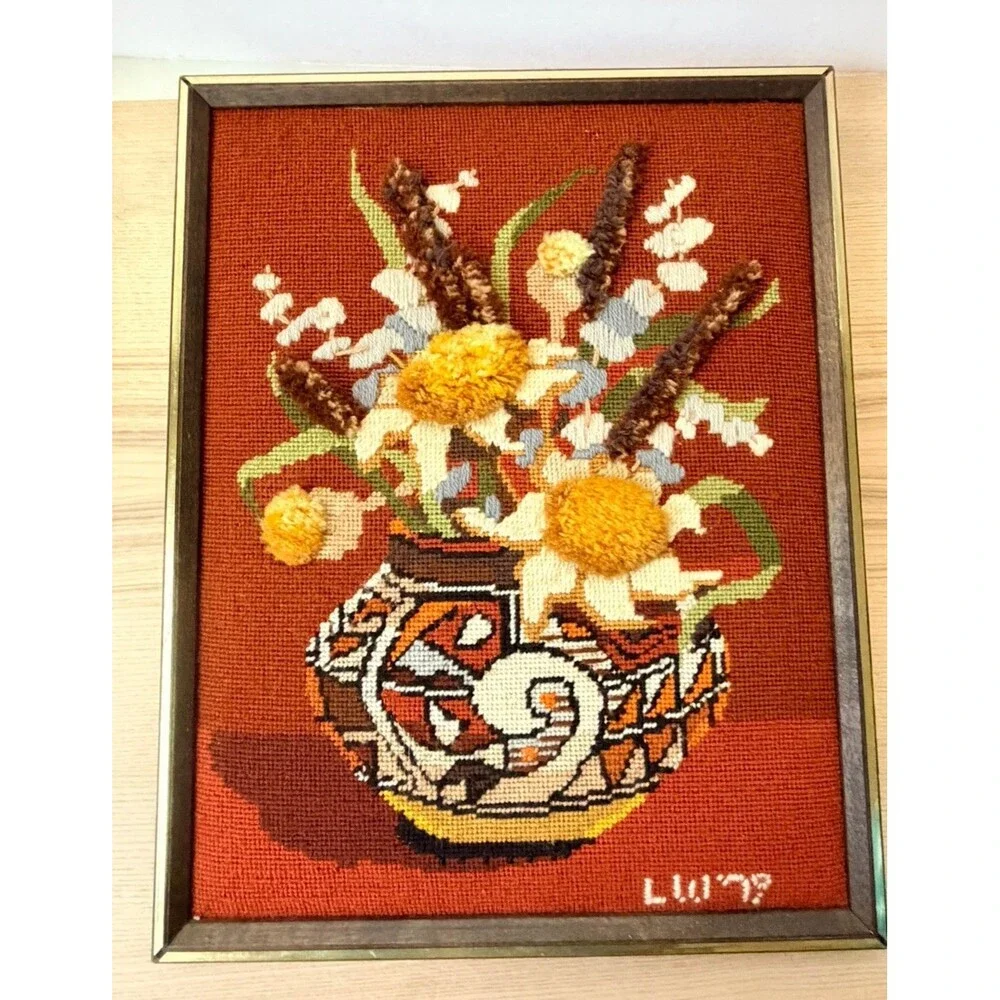 VTG Completed Needlepoint Crewel Large Stitchery Indian Heritage Bouquet 70s Art